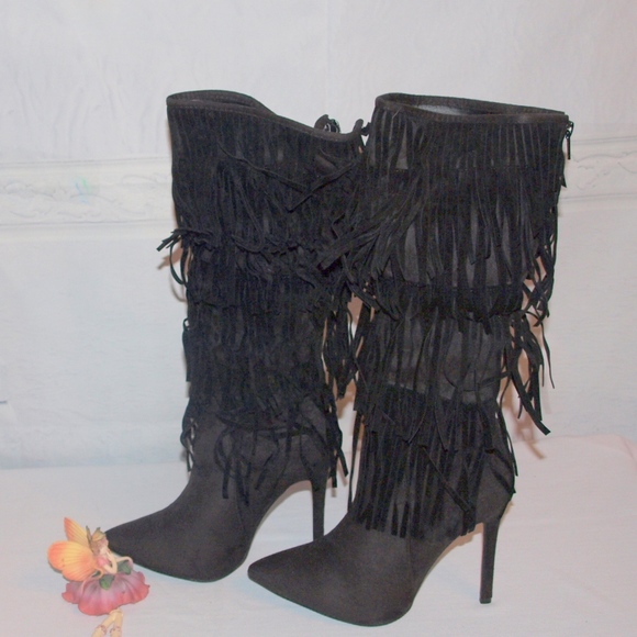 Alba Shoes - Alba Fringe Knee High Boots Boho Black 6.5M Super Fashionable Heeled Boots